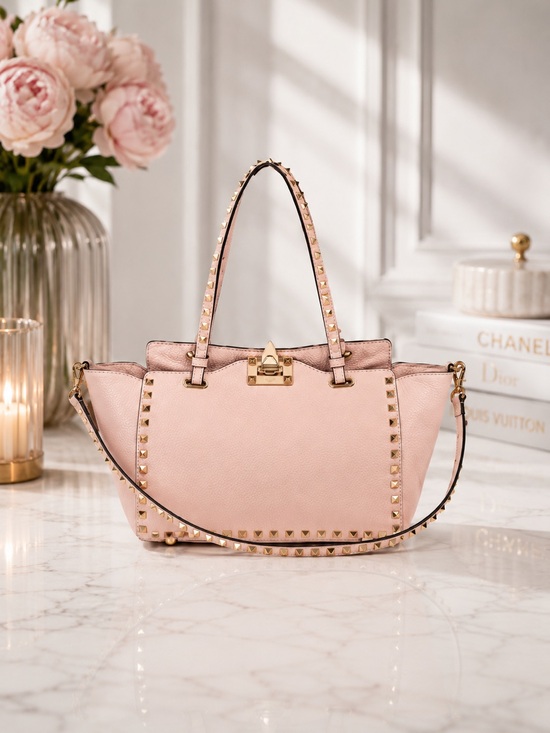 Valentino Handbags - Valentino Garavani Rockstud Blush Pink 2-Way Tote Crossbody Bag With Gold Studs